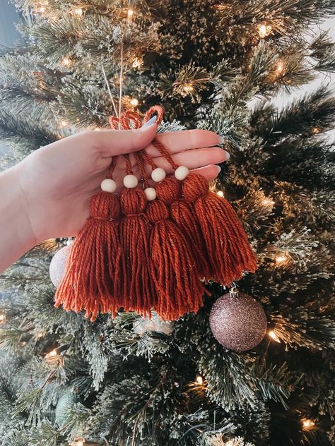 Burnt Orange Christmas, Orange Christmas Decor, Terracotta Christmas, Boho Christmas Ornaments, Tassel Ornaments, Orange Christmas Tree, Yellow Nursery Decor, Nursery Decor Green, Crochet Plants