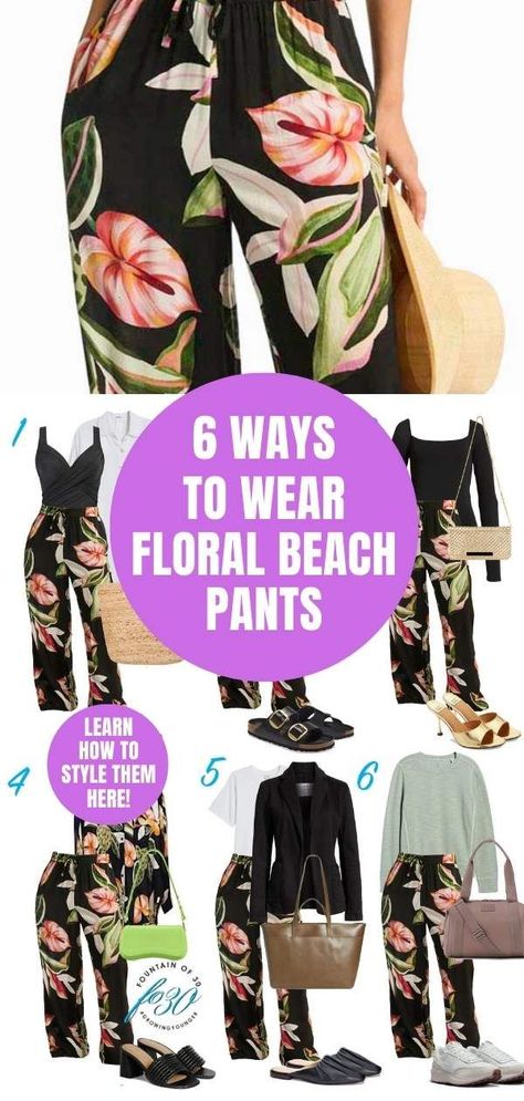 Style one pair of floral print resort wear beach pants 6 ways and pack light on vacation. Here's how to style them. #travelstyle #styletips #howtowear What To Wear With Beach Pants, How To Style Printed Pants, Floral Palazzo Pants Outfit, Pixie Pants Outfit, Picnic Outfit Summer, Palazzo Outfit, Petal Pants, Floral Pants Outfit, Palazzo Pants Outfit