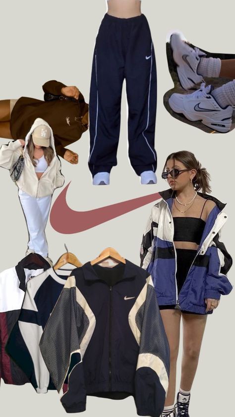 Vintage Nike Outfits Woman, Old Nike Track Pants, Vintage Nike Clothes Aesthetic, 80s Nike Outfit, Old School Nike Clothes, Vintage Nike Parachute Pants, Nike Astethic Outfits, Old Nike Clothes Aesthetic, Track Jackets Outfit