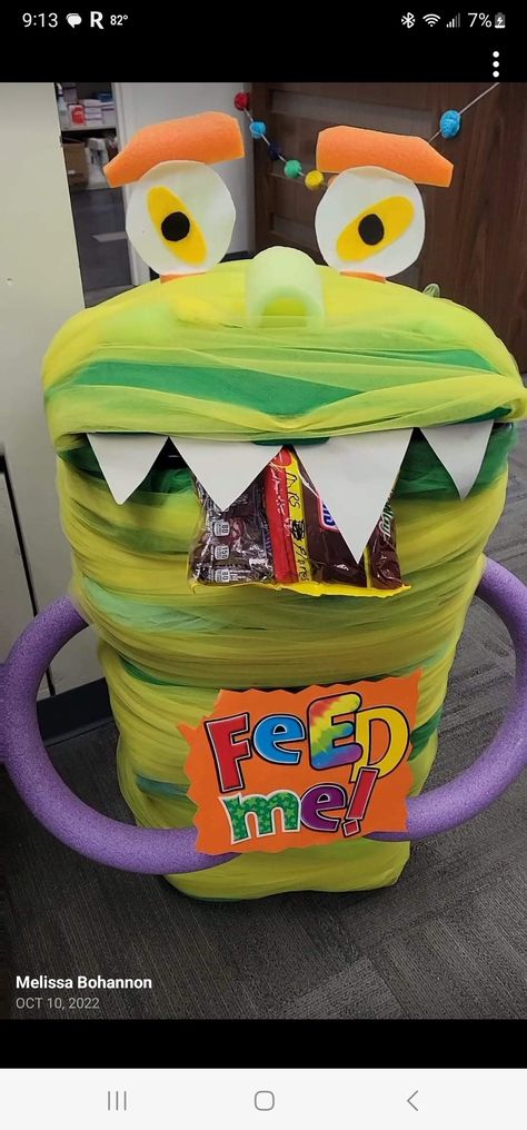 Food Drive Box Ideas Diy, Candy Monster Donation Bin, Candy Monster Trash Can, Candy Donation Box Ideas Halloween, Pta Mom, Candy Monster, Pta Moms, Pto Ideas, Donation Box