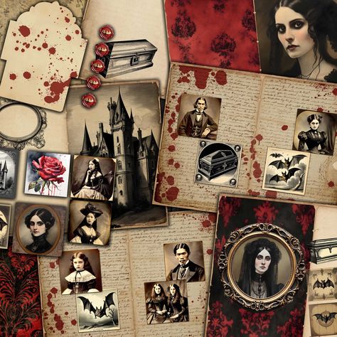 Vampire Journal Ideas, Victorian Gothic Vampire, Vampire Printables, Vampire Journal, Vampire Kit, Gothic Scrapbook, Gothic Bullet Journal, Vampire Junk Journal, Gothic Junk Journal