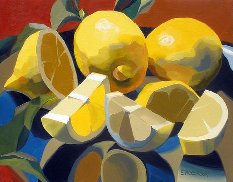 Lemon and Leaves 16x20 by Leigh-Anne Eagerton. Really interesting! Merges realism with more abstract shapes. Leigh Anne, Alphonse Mucha, Painting Still Life, Still Life Art, Personal Space, Art And Illustration, Drawing Tutorials, Mellow Yellow, Gustav Klimt