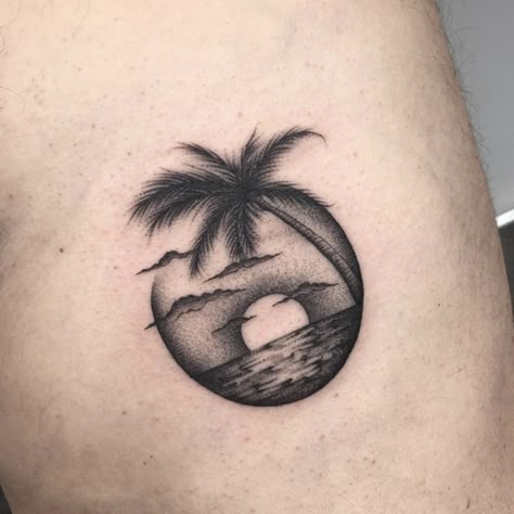 Night Beach Tattoo, Palm Tree With Sunset Tattoo, Tenerife Tattoo, Chest Tattoo Drawings, Pisces Tattoo Designs, Beachy Tattoos, Lower Arm Tattoos, Medusa Tattoo Design, Sunset Tattoos