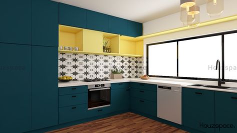 Teal Modular Kitchen, Teal Kitchen Cabinets, Teal Office, Modular Kitchen Ideas, Teal And Mustard, Office Coffee Bar, Mint Kitchen, White Worktop, Teal Kitchen