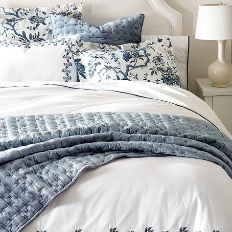 Margot Velvet Quilt Quilt Cross Stitch, Blue And Cream Bedroom, Luxurious Bedding, Velvet Bedding Sets, Embroidered Bedding, Indigo Pillows, Guest Bedroom Decor, Velvet Quilt, Velvet Bed