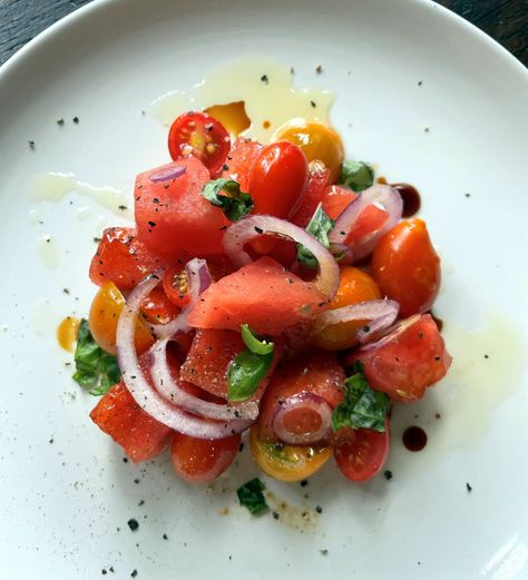 Watermelon, Tomato, Balsamic Salad | Priscilla Martel Tomato Balsamic, Balsamic Salad, Pesto Dressing, Almond Bread, Refreshing Food, No Cooking, Italian Kitchen, Tomato Salad, Grape Tomatoes