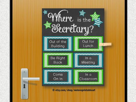 This printable (you print yourself) sign would be great for a secretarys office door. It features chalkboard background with teal and green chevron boxes, and chalkboard background and stars: Where is the Secretary?  Print in any size listed below. Attach a clothespin (perhaps covered in fun paper or glitter) and attached it to the appropriate place on the poster. Clothespins not included, but there are other etsy sellers that sell adorable ones! :)  --------------------------------  PROMO CO... School Secretary Office, Counselor Door Sign, School Secretary Gifts, Psychology Office Decor, Psychology Office, School Counselor Gifts, School Office Decor, Psychologist Office, School Counseling Office