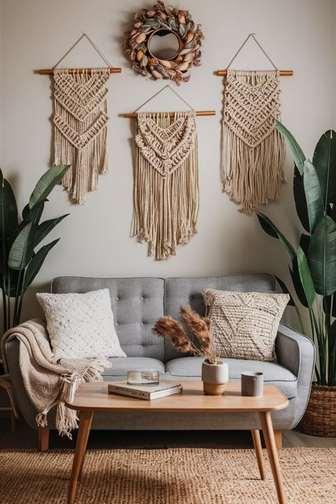 Add boho charm to your walls with intricate woven and macramé hangings. These handmade designs are perfect for creating cozy vibes above your bed, sofa, or favorite nook. Discover your next decor upgrade. #MacrameWallHanging #WovenDecor #BohoVibes #CozySpaces #BohoWallArt #HandmadeCharm #InteriorInspo #MacrameLove #HomeDecorTrends #BohoChicStyle Scandi Boho Living Room, Macrame Wall Hanging Ideas, Wall Hanging Ideas, Woven Wall Hangings, Greenery Decor, Hanging Ideas, Cozy Boho, Scandi Boho, Woven Decor