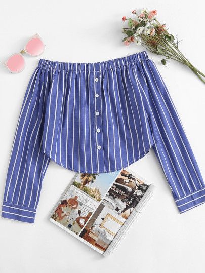 Striped Off Shoulder Top, Women Shirt Top, Tops And Blouses, Ootd Summer, Summer Stripes, Cropped Shirt, Off Shoulder Top, Women Blouses, Striped Crop Top