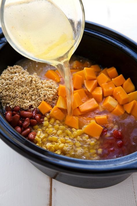 Delicious Slow Cooker Butternut Squash, Chicken, and Quinoa Soup Crockpot Butternut Squash, Taco Season, Cream Onions, Butternut Squash Chicken, Slow Cooker Butternut Squash, Chicken And Quinoa, Soup Chili, Quinoa Soup, Chicken And Butternut Squash