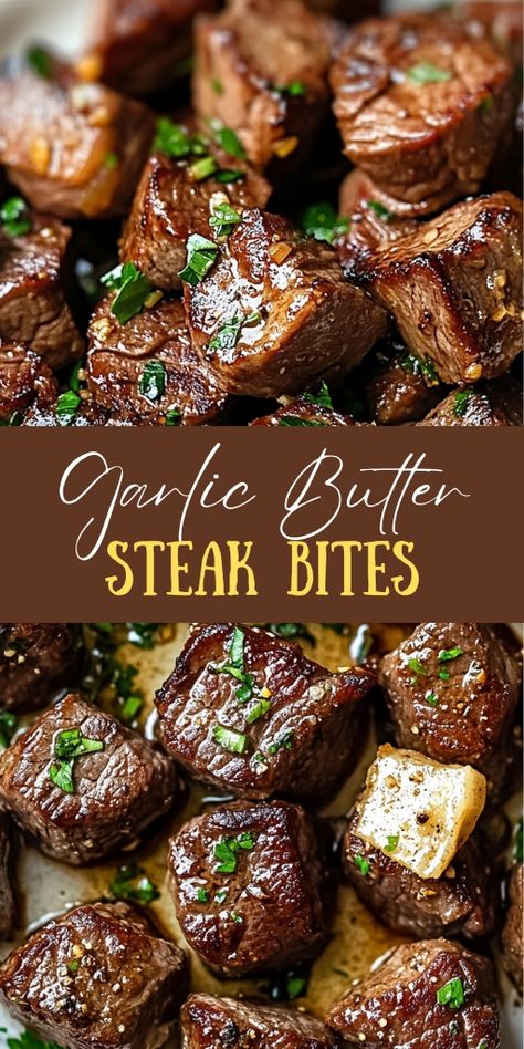 Garlic Butter Steak Bites  Ingredients:  1 lb sirloin steak, cut into 1-inch cubes 2 tablespoons olive oil 4 tablespoons unsalted butter 5 cloves garlic, minced 1 tablespoon fresh rosemary, chopped 1 tablespoon fresh thyme, chopped Salt and pepper to taste Fresh parsley, chopped (for garnish)  #Garlic #Butter #Steak #Bites Steak Bites And Rice Recipes, Steak Bites With Gnocchi, The Country Cook Slow Cooker Garlic Butter Steak Bites, Savory Steak Recipes, Truffle Butter Steak, Garlic Butter Steak Bites With Stew Meat, Ribeye Steak Bites Recipe, Sirloin Tender Steak Recipes Pan, Steak Bites Appetizers Parties