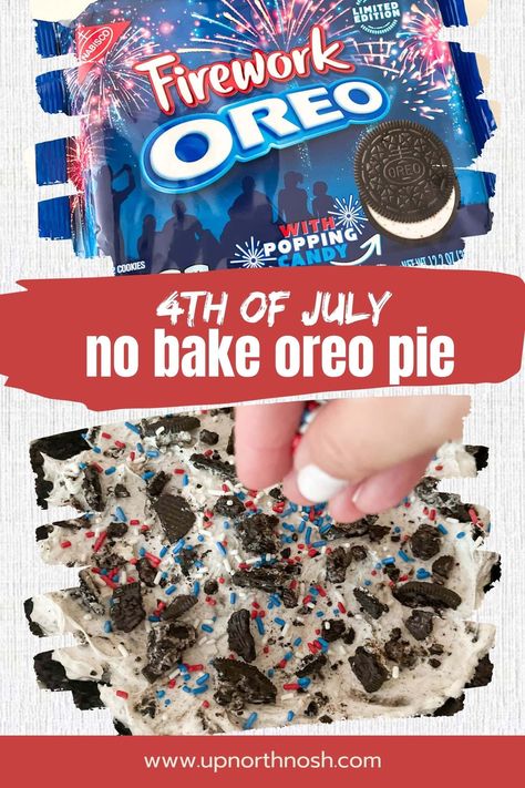 NO BAKE DESSERT ALERT!! Use a pre-made Oreo Pie Crust, and top the fluffy, sweet cream filling with "Popping" Firework Oreos and red, white and blue sprinkles for an easy and festive dessert at your 4th of July celebration. 4th Of July Oreo Desserts, 4th Of July Pie, No Bake Oreo Pie, Oreo Pie Crust, Blue Sprinkles, Oreo Pie, Pie Pops, 4th Of July Cake, Pudding Pies