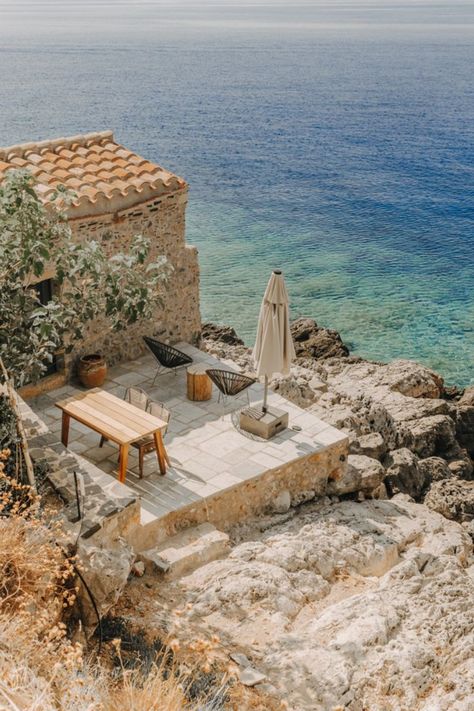 Monemvasia, Greece 2021 @byalexandravotsis — #monemvasia #greece #monemvasiagreece #seaside #greecephotography #greecephoto #greecewallart #greecehomedecor #greeklandscape #europe #fineartphotoraphy #travelphotography #greek #greekhistory #offthebeatenpath Beach House Greece, Greece House Aesthetic, Greek House Aesthetic, Greece Beach House, Greek Beach House, Greek Inspired Home, Greece Garden, Greek Cottage, Greek Countryside