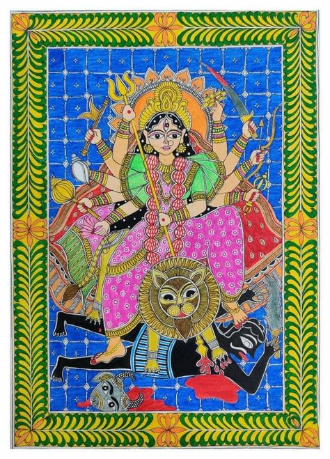 Mahishasura Mardini, Madhubani Designs, Mithila Art, Mithila Painting, Madhubani Paintings, Durga Painting, Kerala Mural Painting, Canvas Art Projects, School Painting