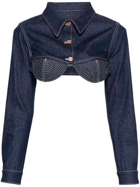 indigo blue cotton denim contrast decorative stitching logo patch to the rear pointed flat collar long sleeves buttoned-cuff sleeves moulded cup cropped front button fastening Reworked Jersey, Mugler Denim, Jean Paul Gaultier Denim, Denim Stitching, Jean Jacket Cropped, Vivienne Westwood Tops, Styling Jackets, Denim Couture, Stitching Logo