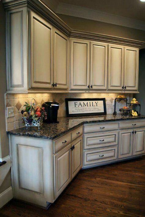 Antiqued cabinets Rustic Kitchen Cabinets, Kabinet Dapur, Farmhouse Kitchen Cabinets, Kitchen Cabinets Makeover, Kitchen Redo, Trendy Kitchen, Painting Kitchen Cabinets, Counter Tops, Kitchen Remodel Idea