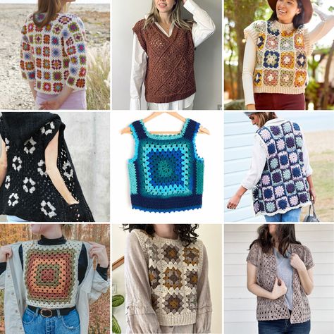 13 Easy 70s Style Granny Square Vest Free Crochet Patterns - Little World of Whimsy Granny Squares Vest Pattern, Crochet Granny Square Vest Pattern Free Easy, Granny Square Top Free Pattern, Crochet Tops Granny Square, Crochet Granny Square Vest Pattern Free, Granny Square Vest Pattern, Granny Square Crochet Vest, Granny Square Vest Pattern Free, Crochet Granny Square Vest