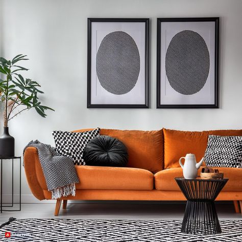 45 Black White Orange Living Room Decor White Orange Living Room, Orange Living Room Decor, Black And White Flooring, Orange Living Room, Black And White Furniture, Orange Furniture, Living Room Orange, Black And White Pillows, Black And White Tiles