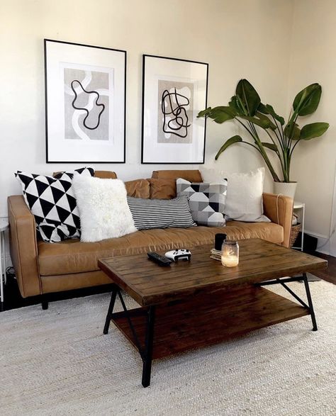 Small Apartment Decorating Brown Couch, Brown Couch Small Living Room Ideas, Tan Black Living Room, White Brown And Black Living Room, Small Living Room Brown Couch, Black Brown Beige Living Room, Brown Couch Living Room Ideas Boho, Black Brown White Living Room, Tan Black And White Living Room