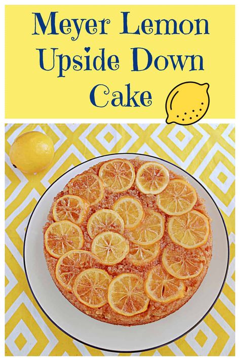 Meyer Lemon Upside Down Cake Get ready to sink your fork into a moist, buttery cake topped with caramelized Meyer lemon slices, each bite bursting with zesty citrus notes that pairs perfectly with the sweet cake.  #cake #meyerlemon #lemon #dessert Carmelized Lemon, Lemon Upside Down Cake, Heavenly Dessert Recipe, Spring Sweets, Meyer Lemon Recipes, Southern Pound Cake, Easy Bundt Cake, Tart Cake, Spring Recipes Dessert