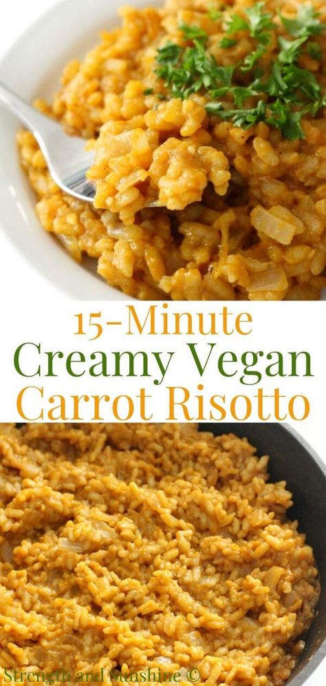 Creamy Vegan Carrot Risotto (Gluten-Free, Allergy-Free) | Strength and Sunshine | This super creamy Vegan Carrot Risotto takes less than 25 minutes to make from start to finish! Packed with real pureed carrots, it's dairy-free, gluten-free, allergy-free, and such an easy recipe to make for a healthy and comforting dinner entree or rice side dish! #risotto #carrots #sidedishrecipes #veganrisotto #dairyfree #carrotrisotto Rice Carrot Recipe, Vegan Carrot Recipes Dinner, Carrot Risotto Recipes, Carrot Puree Recipes Dinners, Carrot Recipes Dinner, Vegan Rice Side Dishes, Vegan Recipes With Carrots, Pureed Carrots Recipes, Carrot Dinner Recipes