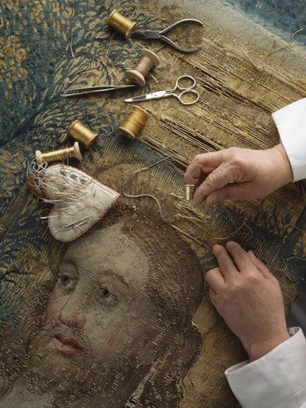 "Repair of Raphael Tapestry". Photograph by James L. Stanfield || Drawing on a stock of more than 6,000 colors of thread, a nun repairs a tapestry designed by Raphael, in which Peter receives the keys to the church from Christ. —From the National Geographic book Inside the Vatican, 1991 Conservation Art, The Vatican, Antique Textiles, Needle Arts, The Keys, Art Textile, Tapestry Weaving, Religious Art, Tapestry Design