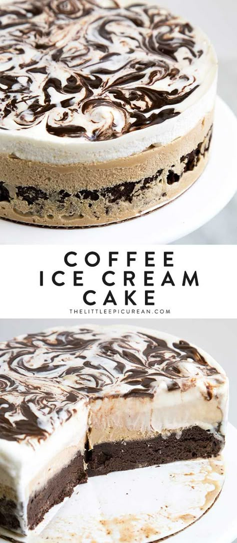 This coffee ice cream cake has a decadent brownie bottom topped with coffee ice cream and a layer of vanilla ice cream swirled with fudge. Chocolate Coffee Ice Cream Cake, Brownie Bottom Ice Cream Cake, Iced Cake Ideas, Coffee And Cream Cake, Heart Ice Cream Cake, Mocha Ice Cream Cake, Ice Cream Cake With Cake Layer, I’ve Cream Cake, Coffee Ice Cream Cake Recipe