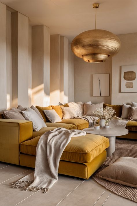 Living Room With Mustard Accents, Mustard Sectional Sofa, Mustard Color Couch Living Room, Yellow Modern Living Room, Living Room Decor Mustard, Gold Velvet Couch Living Room Ideas, Golden Couch Living Rooms, Mustard Sofa Living Room Ideas Modern, Mustard Yellow Couch Living Room Ideas