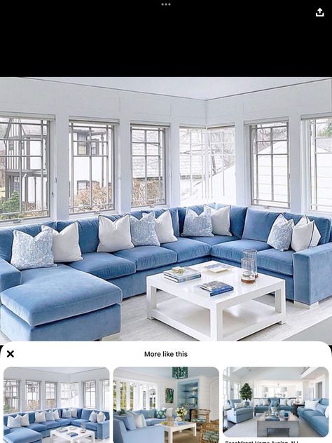 Powder Blue Living Room Ideas, Blue Aesthetic House Interior, Light Blue Sofa Living Room Ideas, Baby Blue Living Room, Light Blue Living Room Ideas, Coastal Living Rooms Sofas, Blue And White Dining Room, Light Blue Living Room, Blue And White Living Room