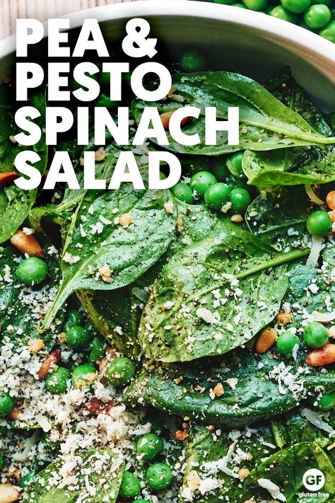 Pesto Pea Salad, Italian Spinach Salad, Pea Salads, Thm Salads, Evergreen Kitchen, Pine Nuts Salad, Vegetarian Substitutes, Bowls Recipes, Pesto Spinach