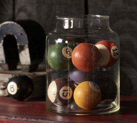 Great man cave idea: Fill a large jar with old billiard / pool balls for an interesting display. Best Man Caves, Vintage Pool, Ultimate Man Cave, Recreational Room, Man Cave Basement, Pool Ball, Man Cave Home Bar, Rustic Crafts, Pool Rooms