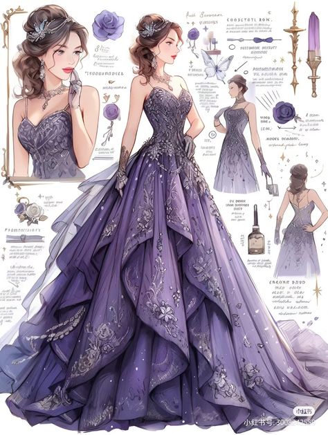 Couture Sketches, Fantasy Couture, Purple Ball Gown, Debut Gowns, Digital Dress, Dreamy Gowns, Dress Pictures, Purple Gowns, Dress Illustration