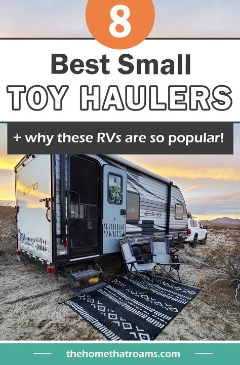 Small toy hauler campsite set up out in the desert. Pull Behind Trailer, Toy Hauler Rv, Toy Hauler Trailers, Toy Hauler Camper, Lightweight Campers, Toy Hauler Travel Trailer, Camping For Beginners, Small Rv, Toy Haulers