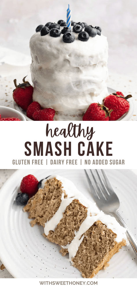 Celebrate your little one's 1st birthday with this irresistibly delicious and healthy smash cake recipe. It’s made with simple ingredients like almond flour, oat flour, bananas, and no added sugar. Feel free to decorate with your preferred frosting, such as coconut whipped cream or full-fat greek yogurt. #smashcake #birthdaycake #birthday #toddlerrecipes #healthycake Health Smash Cake 1st Birthdays, Healthy Cake Recipes No Sugar, Sugar Free Smash Cake, Sugar Free Birthday Cake, Healthy Smash Cake Recipe, Smash Cake Recipe, Diy Smash Cake, Healthy Smash Cake, Healthy Birthday Cakes