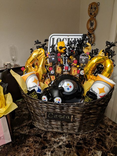 Steelers Gift Basket Steelers Gift Basket, Steelers Gifts, Pittsburgh Food, Interesting Facts About Yourself, Food Gift Baskets, Birthday Basket, Bf Gifts, Diy Birthday Gifts, Basket Ideas