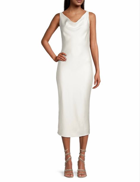 NYE, party, cocktail dress Bridal Shower Attire, Sleeveless Pullover, Norma Kamali, Cowl Neckline, Satin Midi Dress, Tall Model, Low Back, Designer Outfits Woman, Model Measurements