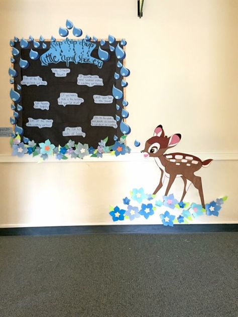 My theme for April was Bambi--because of 'drip drip drop, little April showers!' This board gives some water-saving tips, and has Bambi, the largest character I've painted so far. Bambi Classroom Theme, Water Saving Tips, Class Bulletin Boards, Hall Decorations, Disney Classroom, Drip Drop, Drip Drip, School Decor, Theme Classroom