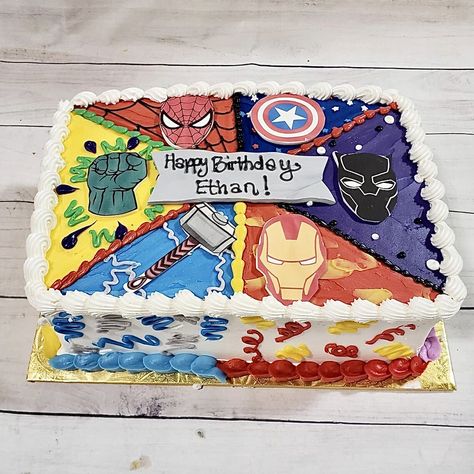 Marvel Sheet Cake, Superhero Birthday Party Cake, Avengers Sheet Cake, Superhero Sheet Cake, Marvel Birthday Cake, Boy Cakes, 5 Birthday, Avenger Birthday Party, Birthday Sheet Cakes