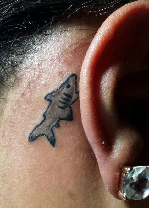 My son's art work (shark). Got it tatted. Shark Tattoo Behind Ear, Shark Tattoos, Line Tattoos, Behind Ear Tattoo, Tatting, Tattoos