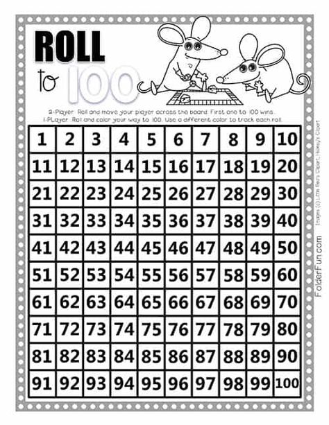 Roll to 100 Game! Students Race to 100 with this free printable math learning game! This game builds key counting, addition, and number recognition skills to 100. While this game includes skill builders, the format is based on luck so it's perfect for all ages to play! 100 Board Activities, Classroom Games Elementary Activities, Count To 100 Activities, Classroom Games Elementary, Race To 100, Classroom Learning Centers, 100s Day, 100's Chart, Touch Math