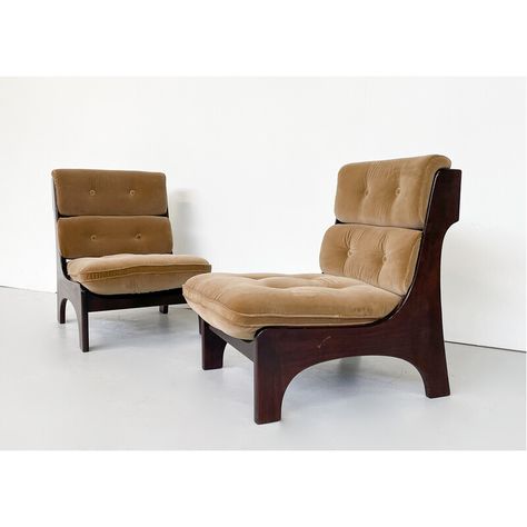 Pair of mid-century modern low chairs, teak and velvet, Italy, 1960s 70s Wood Furniture, Collage Objects, Mid Century Living Room Furniture, French Loft, Mid Century Chairs, Minimal Chairs, Mcm Chair, Designer Chair, Vintage Mid Century Furniture