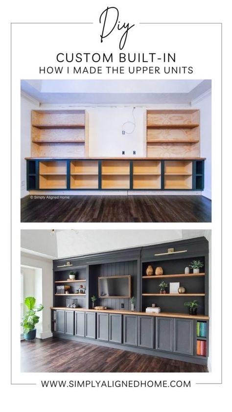 Homemade Built In Shelves, Custom Shelving Around Tv, Faux Built In Cabinets, Home Depot Built In Cabinets, Living Room Built Ins Diy, Built In Book Shelves Living Room, Custom Cabinets Built Ins, Stock Cabinets For Built In, Built In Entertainment Center Ideas