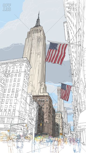 2 American flags fluttering in the wind below The Empire State Building Watercolour City, City Sketch, Building Sketch, Building Drawing, Perspective Art, Building Art, Perspective Drawing, New York Art, Urban Sketchers