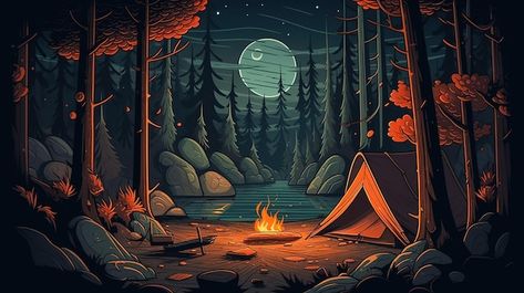 Fantasy Campsite Art, Camping Background Landscape, Camping Concept Art, Tent Illustration Camping, Camping Aesthetic Drawing, Camping Scene Drawing, Campsite Painting, Campsite Drawing, Campsite Illustration