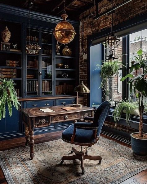 Office Ideas Blue, Blue Brick House, Wizard Vibes, Moody Mansion, Moody Home Office, Blue Library, Victorian Office, Dark Blue Rooms, Masculine Home