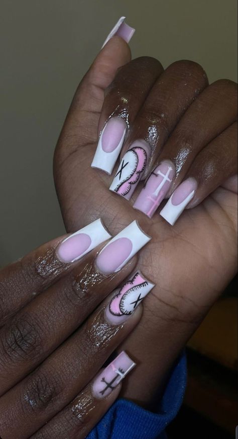 Medium Nail Length Ideas, Nail Ideas Acrylic Simple But Cute, Pink Kaws Acrylic Nails, White With Design Nails, Simply Nail Design, Kaw Nails, Nails For Back To School, Rasta Nails, Acrylic Nail Designs Coffin