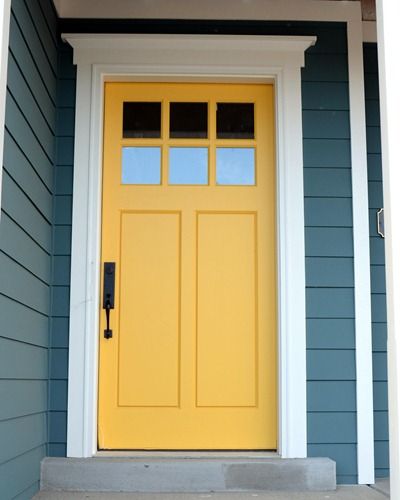 Yellow Front Door, Tan House, Yellow Front Doors, House Paint Color Combination, Yellow Door, Door Colors, Yellow Doors, Yellow Houses, Exterior Paint Colors For House