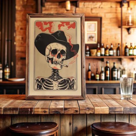 BelleIsleMercantile - Etsy Retro Rustic Decor, Vintage Western Decor, Skeleton Wall Art, Cowboy Skeleton, Western Wall Art, Eclectic Wall Art, Classic Americana, Western Homes, Americana Decor