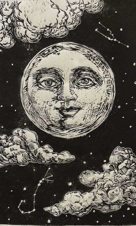 Full Moon Face Tattoo, Moon Woodcut, Astral Art, Full Moon Illustration, Art Deco Moon, Moon With Face, Moon Madness, Full Moon Tattoo, Water Witch