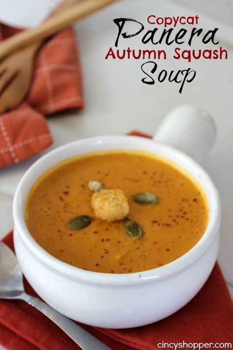 Autumn Squash Soup Recipe, Autumn Squash Soup, Panera Autumn Squash Soup, Hubbard Squash, Autumn Squash, Copycat Panera, Fall Soup, Squash Soup Recipe, Fall Soups